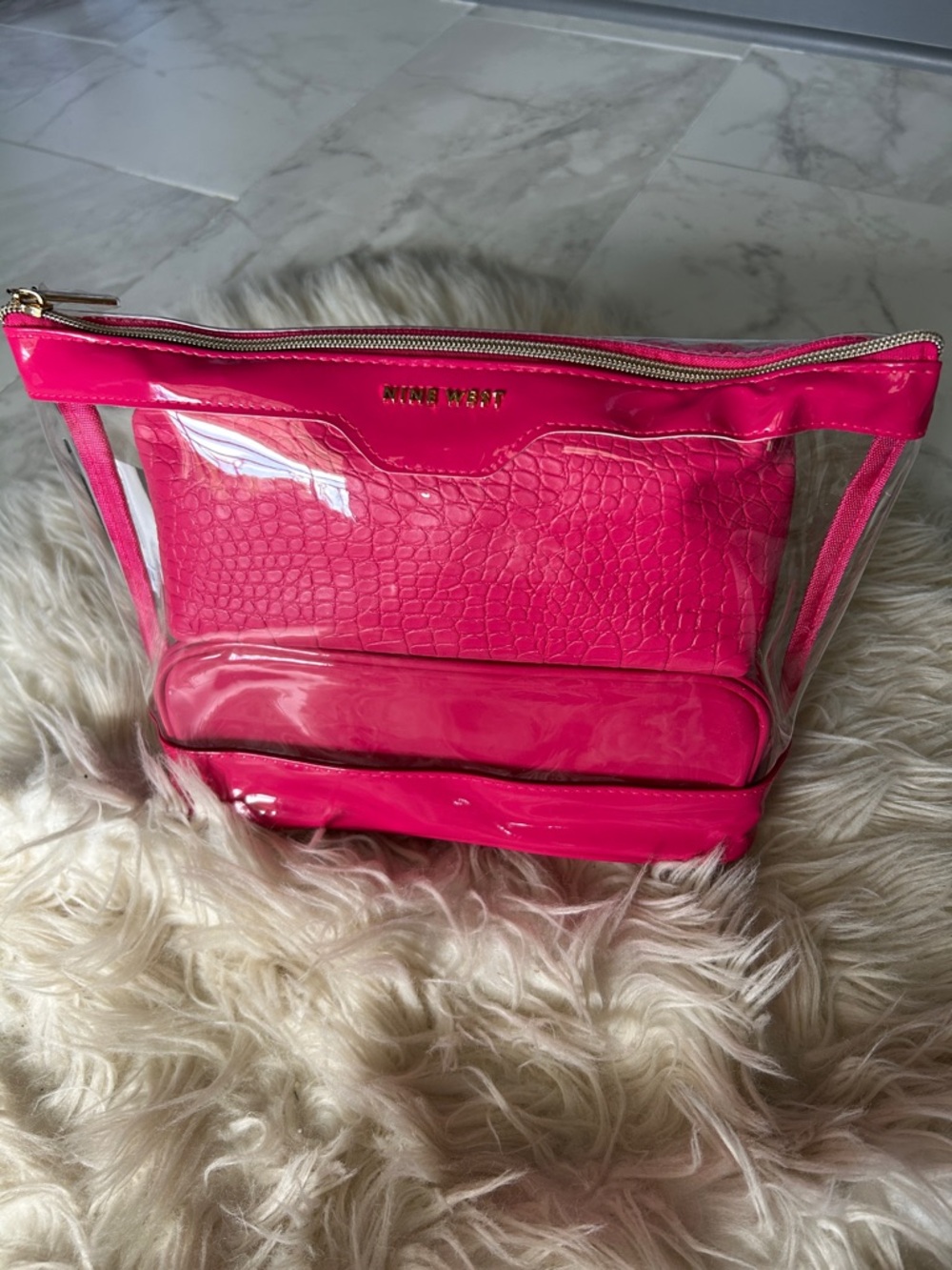 NWT Nine West Hot Pink Clear Cosmetic Bag Set